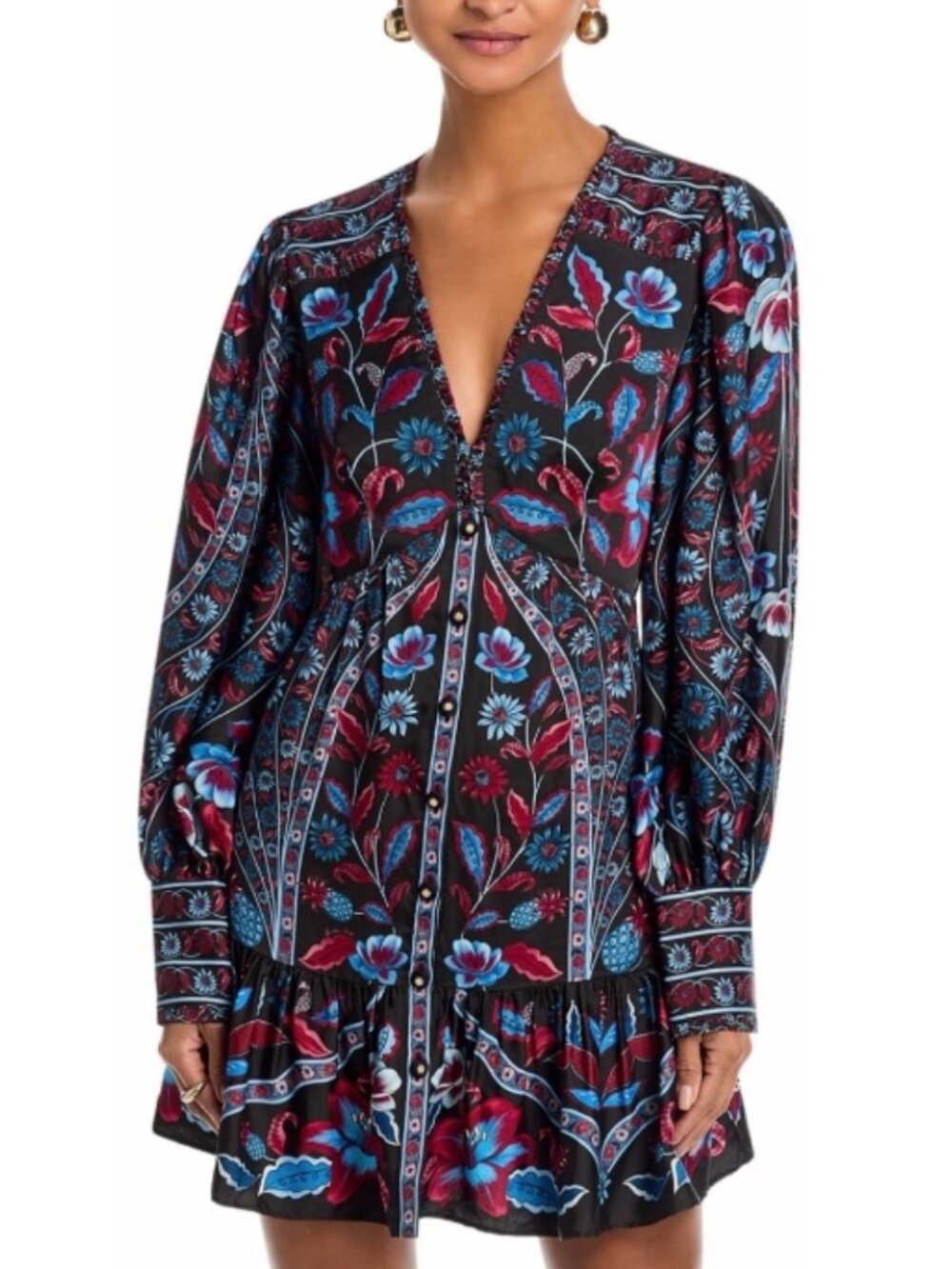 Farm Rio Marcelle Long Sleeve Blue/Black Mini Dress Medium NWT